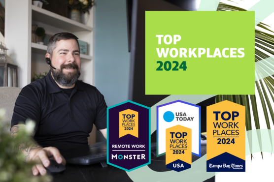 Man working at computer in home office speaking to someone on a headset with Top Workplaces 2024 Tampa Bay Times logo, USA Today Top Workplaces 2024 logo, and Top Workplaces 2024 Remote Work Moster.com logo images and "Top Workplaces 2024" headline overlaid.