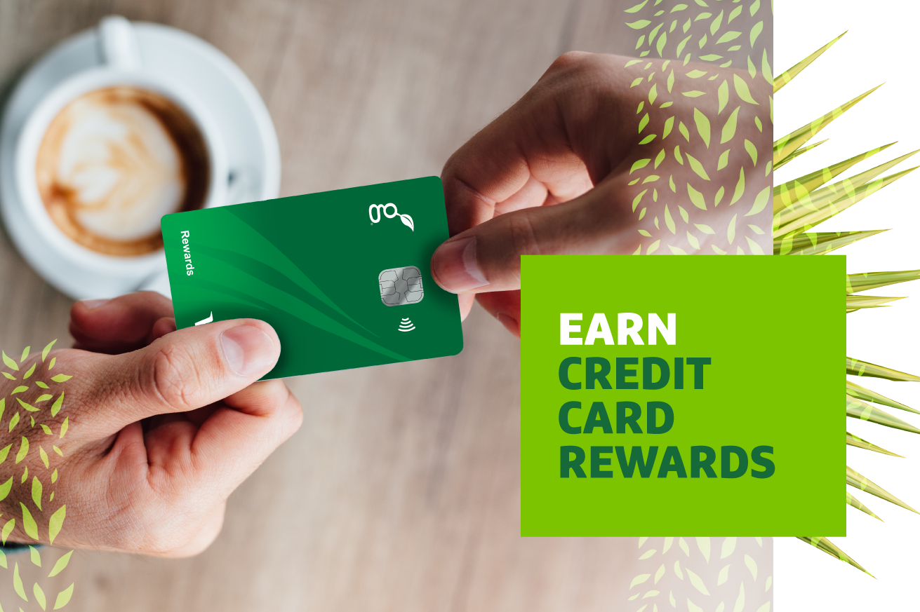 Person holding a green credit card over a table with a cup of coffee, next to a graphic overlay saying "EARN CREDIT CARD REWARDS."