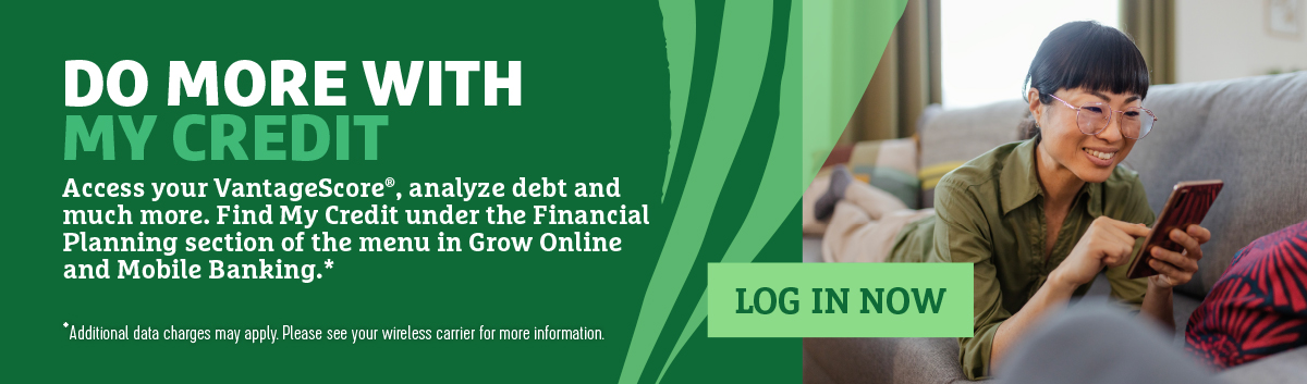 Banner for 'Do More with My Credit' featuring a person relaxing on a couch while using a smartphone. Text states, "Access your VantageScore, analyze debt and much more. Find My Credit under the Financial Planning section of the menu in Grow Online and Mobile Banking" and includes a disclosure saying, "Additional data charges may apply. Please use your wireless carrier for more information." A 'Log In Now' button is also present.