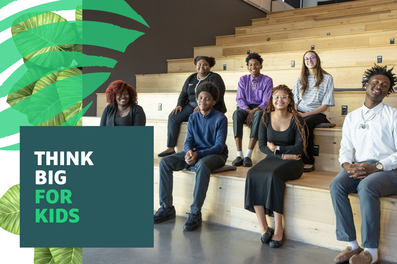 Group of seven individuals seated on wooden steps under the 'Think Big for Kids' logo, with a large green leaf graphic to the left.