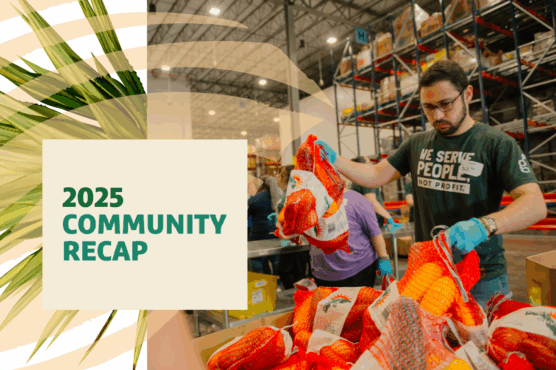 A person volunteering at a food bank, packaging oranges into netted bags, with a graphic overlay reading "2025 Community Recap" in a warehouse setting.