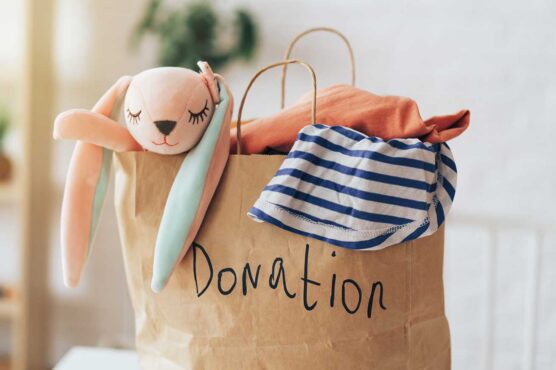 A paper bag labeled “Donation” is filled with children’s items, including a stuffed bunny, a striped shirt, and clothing, with a shelf and plant in the background.