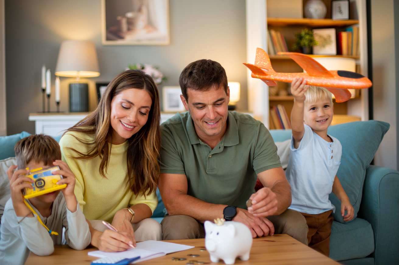 A family sits together in a cozy living room. Two adults are at a wooden table, one writing in a notebook and the other holding a coin above a white piggy bank. Nearby, two children play—one with a yellow toy camera and the other with an orange toy airplane. Shelves with books, lamps, and decor create a warm, homey background.