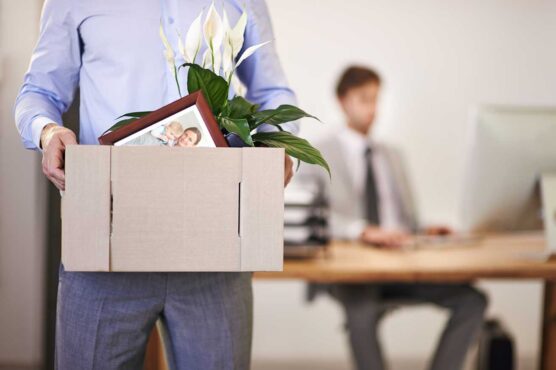 A person holds a cardboard box filled with personal items, including a framed photo and a potted plant, while another person works at a computer in the background of an office.