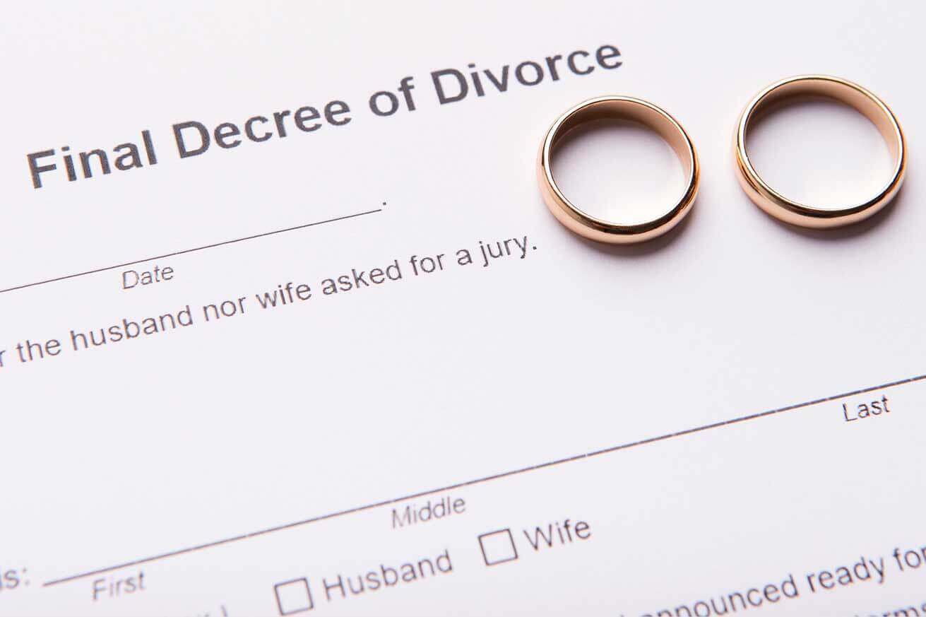 Two gold wedding rings rest on top of a legal document titled “Final Decree of Divorce.”